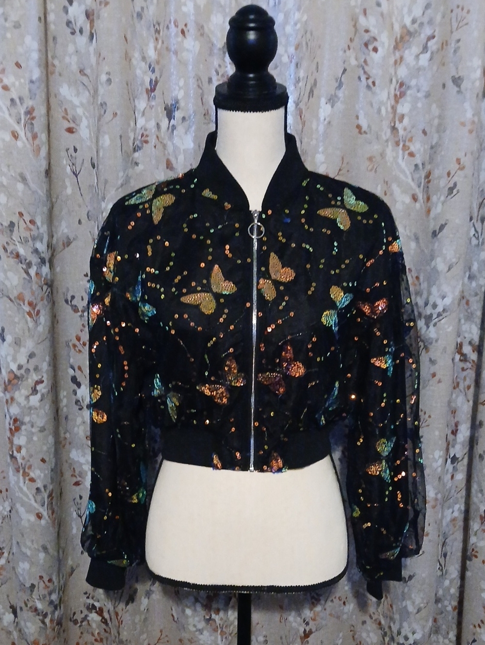 Black Sequin Butterfly Bomber Jacket - Women's Cropped Fashion Bomber